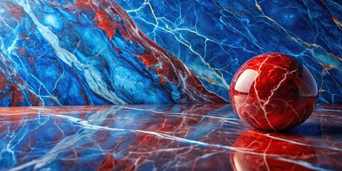 Polished red and blue marble textured surface background with forced perspective