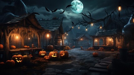 Enchanted Halloween eve with carved pumpkins in an ancient village, reflecting the atmosphere of whimsical ghosts.