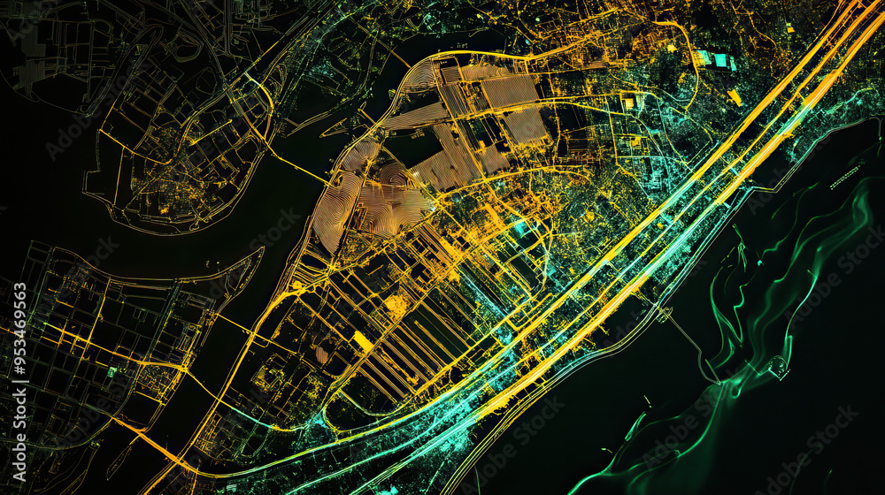 Technical aerial visual, 3D LiDAR GIS aerial map satellite scan model ...