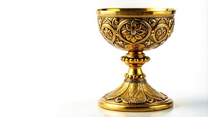 Wall Mural - Regal gilded chalice with ornate patterns isolated on white background, worm's eye view