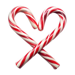 Two red and white candy canes crossed to form a heart shape, representing love and holiday cheer. Isolated on transparent background, png.