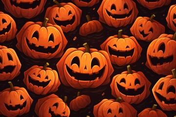 Wall Mural - Seamless pattern of creepy carved jack o  lanterns in retro funky style for halloween decor