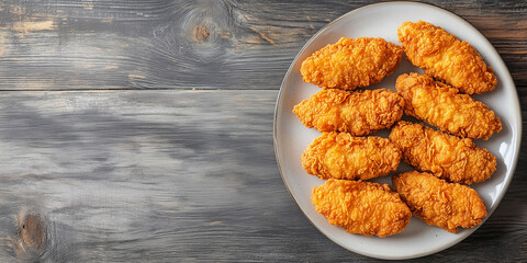 Plate of fried chicken tenders arranged in a line