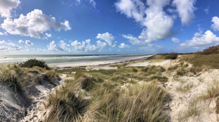 Wall Mural - A beach with a cloudy sky and a few people walking on the sand