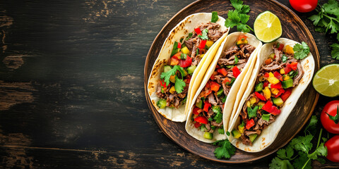 Wall Mural - Overhead view of soft tacos arranged neatly on a plate, each filled with meat and vegetables