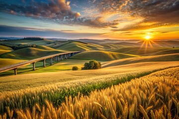 Wall Mural - Sunset over wheat field on rolling hills with bridge