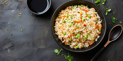 Fried rice placed in a bowl with a spoon and soy sauce