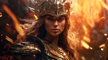 Canvas Print - A woman with a crown and armor stands in front of flames.