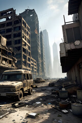 A post-apocalyptic city scene with crumbling buildings, abandoned vehicles, and debris scattered along a deserted street. The skyline of modern skyscrapers looms in the background under a hazy sky.
