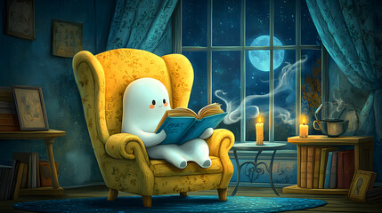 cute ghost sitting in a yellow and blue wingback chair reading a book