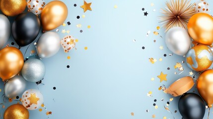 Wall Mural - Festive Balloons with Confetti and Stars on Blue Background