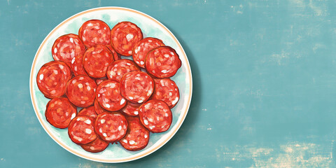 Wall Mural - Chorizo slices laid out flat on a serving platter