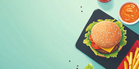 Wall Mural - Beef patty on a bun with lettuce, tomato, onions, and pickles on a plate