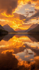 Wall Mural - A Serene Haven: Mountain Lake Reflecting Golden Skies at Sunset