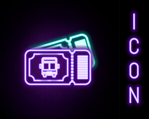 Poster - glowing neon line bus ticket icon isolated on black background. public transport ticket. colorful ou