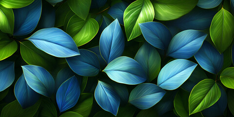 Vibrant arrangement of blue and green leaves showcasing various shades and textures in a natural setting