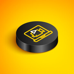 Sticker - Isometric line Online play video icon isolated on yellow background. Film strip with play sign. Black circle button. Vector