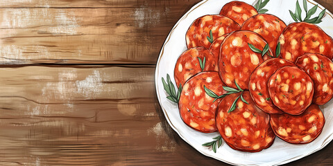 Wall Mural - Chorizo slices laid out flat on a serving platter