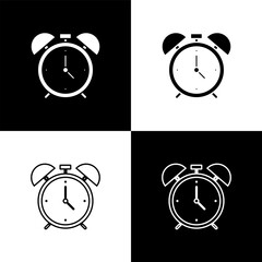 Canvas Print - Set Alarm clock icon isolated on black and white background. Wake up, get up concept. Time sign. Vector