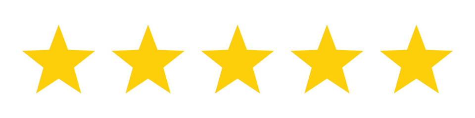 five stars customer product review icon. yellow 5 star  rating feedback for website, app, ui design. transparent png and vector illustration.