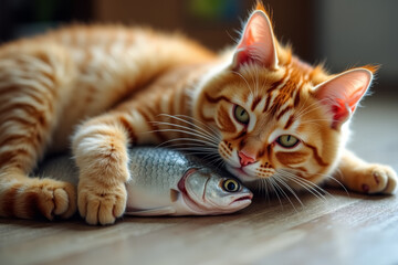 A red cat hugs a fish.