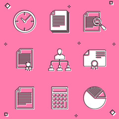 Poster - Set Clock, Document, with search, Certificate template, Referral marketing and icon. Vector