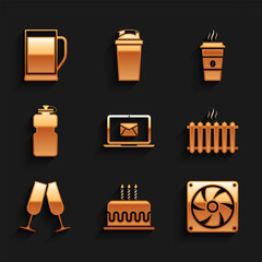 Sticker - Set Laptop with envelope, Cake burning candles, Computer cooler, Heating radiator, Glasses of champagne and Sport bottle water icon. Vector