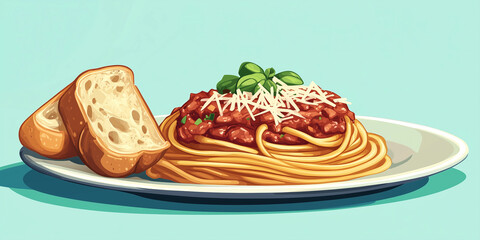 Wall Mural - Plate of spaghetti noodles topped with marinara sauce and grated cheese, served with garlic bread