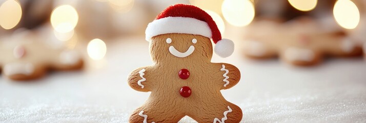 Wall Mural - Smiling gingerbread man with icing buttons and a tiny Santa hat