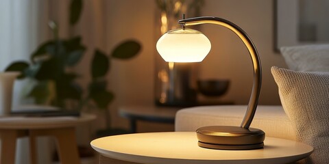 Poster - A modern table lamp on a wooden table.