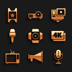 Poster - Set Movie spotlight, Megaphone, Microphone, 4k Ultra HD, Retro tv, Action extreme camera and Cinema ticket icon. Vector