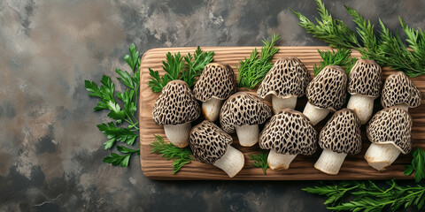 Sliced morel mushrooms displayed on a wooden board with fresh herbs