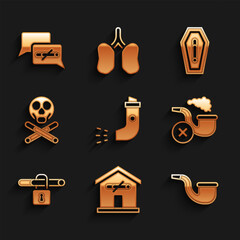 Sticker - Set Inhaler, No smoking at home, pipe, Smoking with smoke, Bones and skull, Death from and icon. Vector