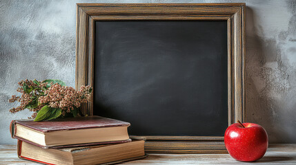 A vintage frame on a wooden table with books and an apple, suggesting a classic education theme