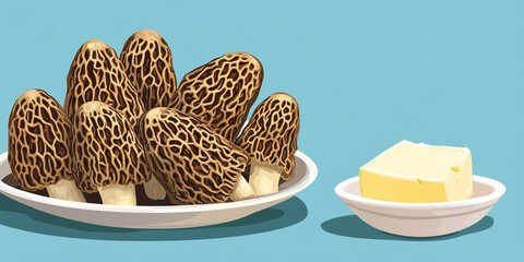 Wall Mural - Whole morel mushrooms displayed next to a small dish of butter