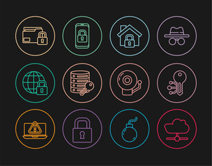 Poster - Set line Network cloud connection, Cryptocurrency key, House under protection, Server security with, Global lockdown, Folder and, Ringing alarm bell and Mobile closed padlock icon. Vector