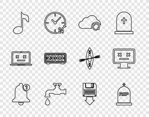 Poster - Set line Bell, Tombstone with RIP written, Cloud sync refresh, Water tap, Music note,, Retro flip clock, Floppy disk backup and Dead monitor icon. Vector