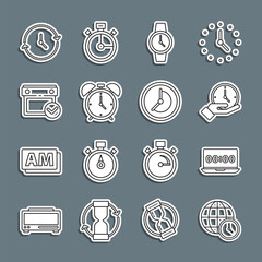 Poster - Set line World time, Clock on laptop, Wrist watch, Alarm clock, Calendar with check mark, and icon. Vector