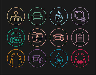 Sticker - Set line Headphone and sound waves, Tombstone with RIP written, Water drop percentage, FTP settings folder, Headphones CD or DVD, Hierarchy organogram chart, Car protection insurance and icon. Vector