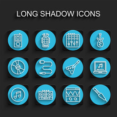 Poster - Set line Music note, tone, DJ remote and mixing music, player, Oscilloscope, Audio jack, Laptop with and Electric bass guitar icon. Vector