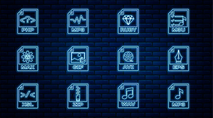 Fototapete - Set line MP3 file document, EPS, RUBY, GIF, MAX, PHP, AVI and icon. Vector