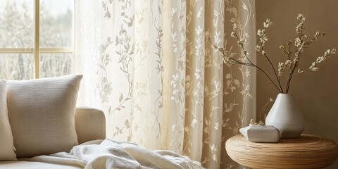 Wall Mural - Beige curtains with floral pattern, a vase with dried flowers,