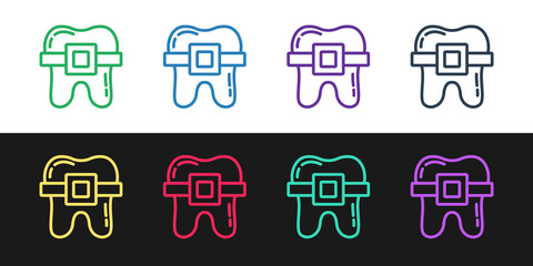 Sticker - Set line Teeth with braces icon isolated on black and white background. Alignment of bite of teeth, dental row with with braces. Dental concept. Vector