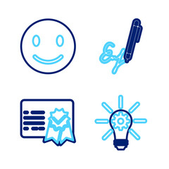 Poster - set line light bulb with gear, certificate template, signature and smile face icon. vector