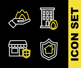 Poster - Set line Fire in burning house, House with shield, Travel suitcase and Hand holding fire icon. Vector