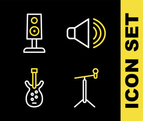 Poster - set line speaker volume, microphone with stand, electric bass guitar and stereo speaker icon. vector