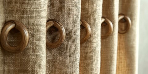 Sticker - Brown burlap curtains with wooden rings.