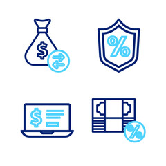 Poster - set line money percent, laptop with dollar, loan and bag icon. vector