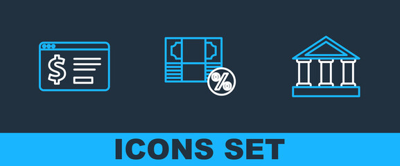 Poster - set line bank building, online banking with dollar and money percent icon. vector