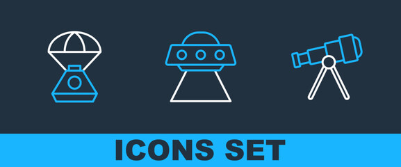 Poster - Set line Telescope, Space capsule and UFO flying spaceship icon. Vector